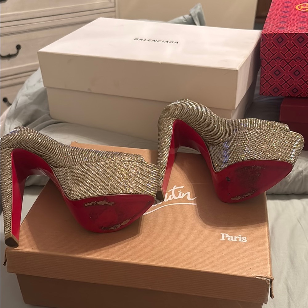 Christian Louboutin Gold Peep Toe Heels - Picture 2 of 3